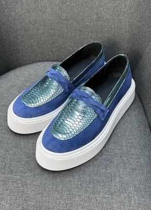 Лоферы синие со вставкой голубой питон металлик 36-41