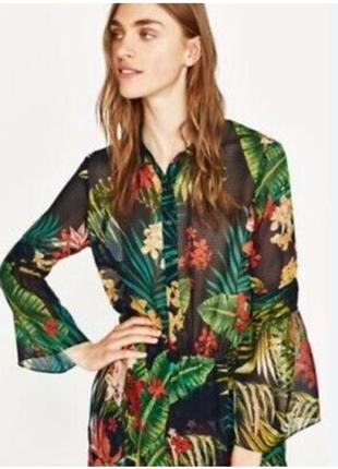 Яркая летняя блуза туника в тропический принт zara