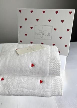 Набір рушників maison d'or soft hearts white-red махрові 50-100 см*2 шт.білі4 фото