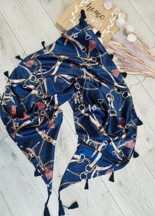 Темно-синий платок с кисточками🔹принт цепи-ремни🔹city wear women veritas