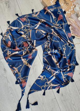 Темно-синий платок с кисточками🔹принт цепи-ремни🔹city wear women veritas