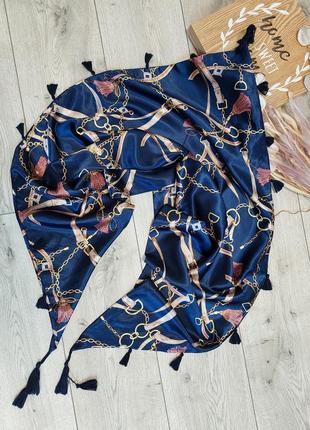 Темно-синий платок с кисточками🔹принт цепи-ремни🔹city wear women veritas