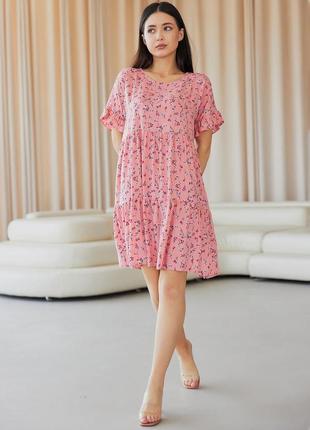 Короткое легкое женское платье длины до колена из штапеля нежно-розовое 42-44, 44-46, 46-48