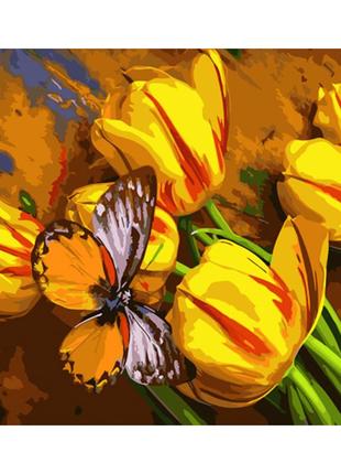 Картина за номерами strateg преміум жовті тюльпани з метеликом розміром 40х50 см (gs1019)