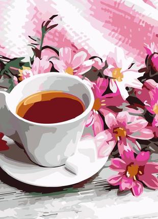 Картина за номерами strateg преміум чашка чаю з квітами розміром 40х40 см (sk020)
