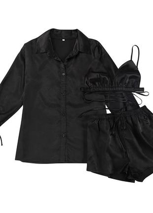 Пижама женская шелковая. комплект атласный тройка с длинным рукавом, шортами и топом (черный)5 фото