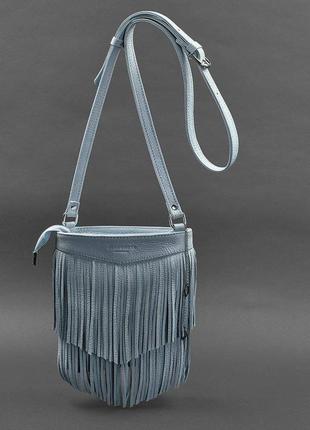 Шкіряна жіноча сумка з бахромою міні-кроссбоді fleco блакитна