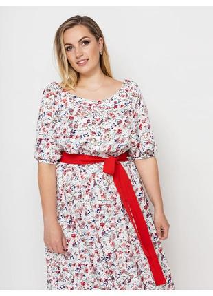 Замечательное платье макси, белого цвета с красным поясом, большие размеры от 52 до 584 фото