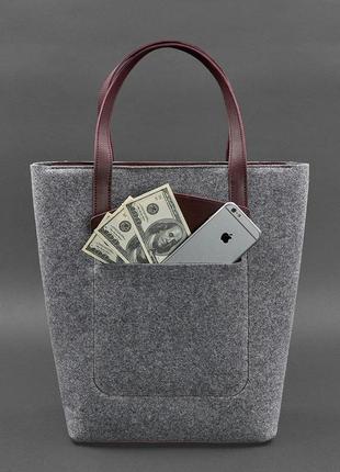 Фетрова жіноча сумка шоппер d.d. з шкіряними бордовими вставками3 фото
