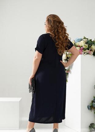 Платье - макси женское длинное летнее батал большого размера легкое однотонное темно - синее3 фото