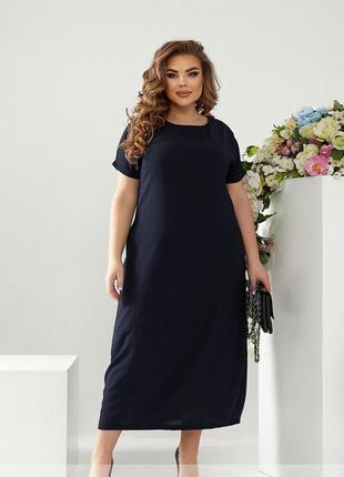 Платье - макси женское длинное летнее батал большого размера легкое однотонное темно - синее2 фото
