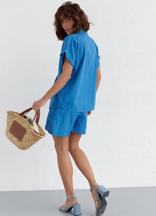 Жіночий літній костюм шорти та сорочка синій3 фото