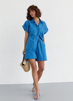 Жіночий літній костюм шорти та сорочка синій4 фото