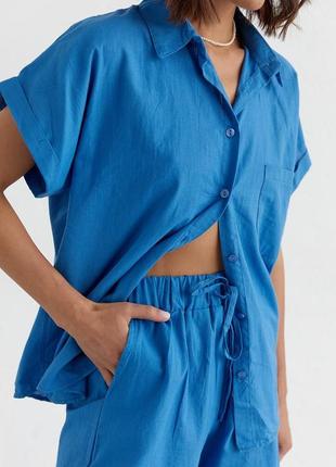 Жіночий літній костюм шорти та сорочка синій7 фото