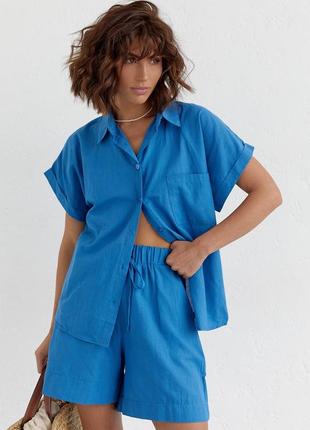 Жіночий літній костюм шорти та сорочка синій5 фото
