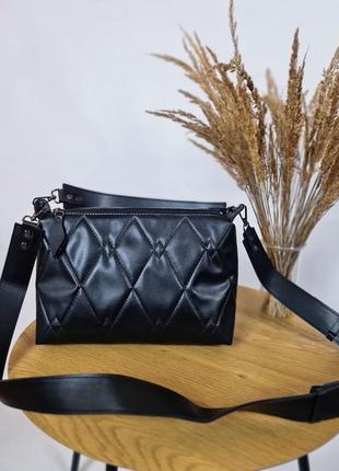 Стильная черная сумка/ сумочка женская два отделения и с двумя ремнями10 фото