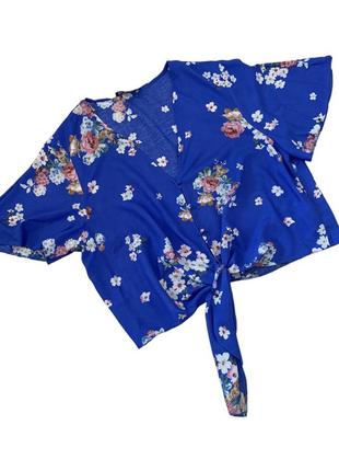 Синяя цветочная блуза топ на пуговицах, завязка, узел6 фото
