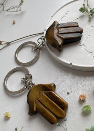 Брелок-оберіг хамса з тигрового ока, натуральний коричневий камінь для ключів та сумок, рука фатіми в подарунок8 фото