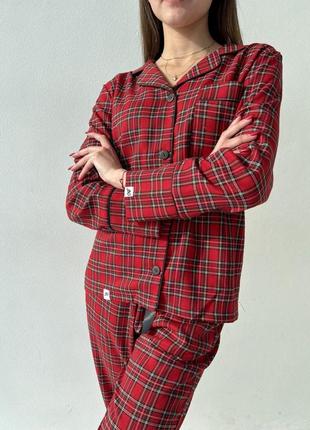 Женская пижама с натуральной ткани турецкий коттон в клеточку 44,46,48,50 рубашка и штаны с карманами