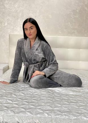 Велюровая  плюшевая женская пижама на запах с брюками домашний костюм размер 44,46,48,50 серый