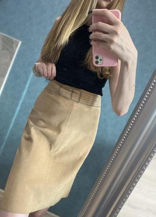 Шикарная базовая юбка кемэл капучино латте бежевая 100% кожа cacharel французский люксовый бренд оригинал1 фото
