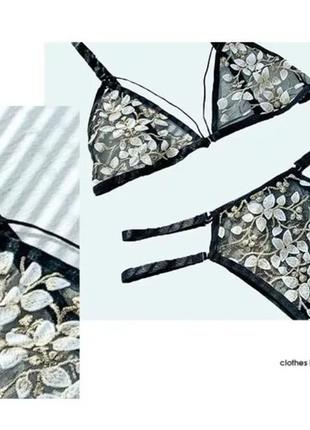 Эротический сексуальный прозрачный комплект  нижнего белья бюстгальтер трусики трусы стринги  вышивка7 фото