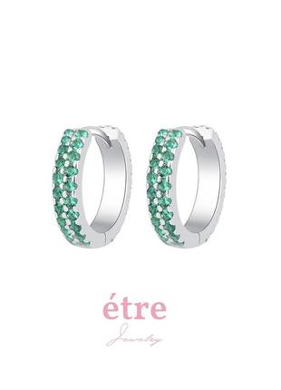 Срібні s925 сережки круглі кільця з зеленим камінням фіанітів, зелені маленькі сережки