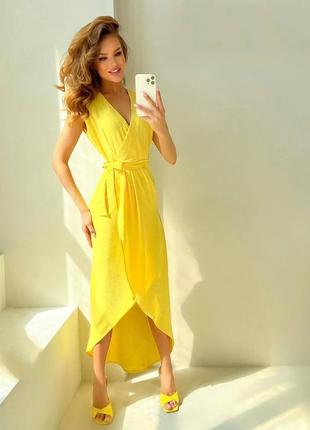 Платье миди желтое однотонное с вырезом в зоне декольте на поясе качественное стильное трендовое2 фото