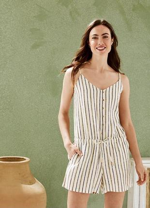 Еласний лляний ромпер у смужку з кишенями напівкомбінезон шорти  літній одяг майка льон віскоза
