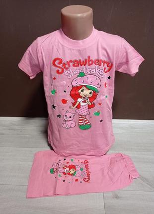 Детский костюм для девочки турция клубничка  4-7 лет тфутболка+шорты розовый хлопок