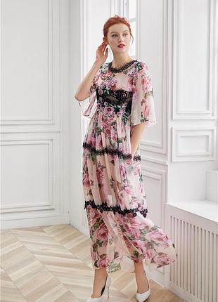 Платье женское летнее нарядное шикарное с розами макси длинное в пол турция