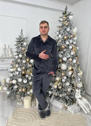 Чоловіча піжама велюр s| m | l | хl | 2xl домашній костюм , сорочка та штани з карманами сірий