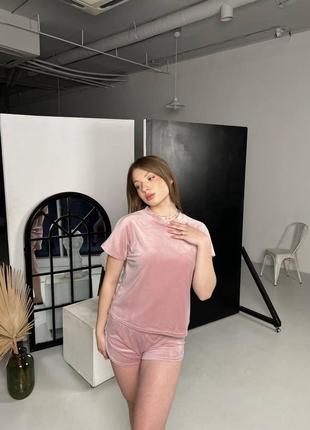 Велюровый костюм для дома и отдыха , футболка и шорты s | m | l | xl розовая пудра