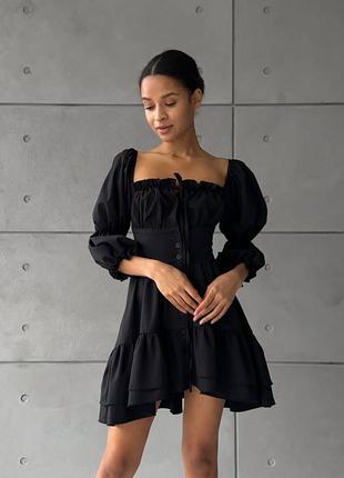 Платье короткое черное однотонное на длинный рукав с вырезом в зоне декольте на пуговицах с вырезом на спине качественная стильная трендовая