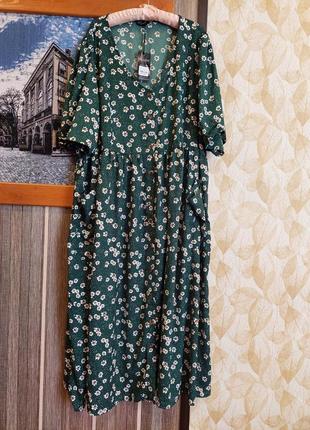 Зеленое платье - батал, 🌿цветочный принт 🌿на пуговицах limited collection(размер 58-60)6 фото