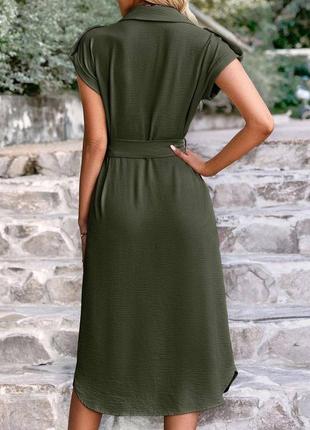 Платье миди хаки однотонное на пуговицах с поясом качественное стильное трендовое3 фото