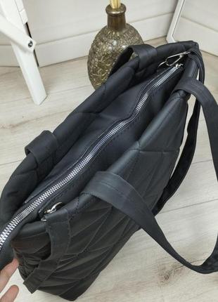 Шикарна велика жіноча сумка шопер тканинна стьобана чорна7 фото