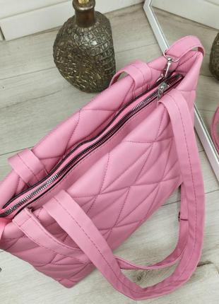 Шикарная большая женская сумка шоппер тканевая стеганая розовая5 фото