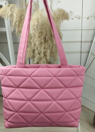 Шикарная большая женская сумка шоппер тканевая стеганая розовая