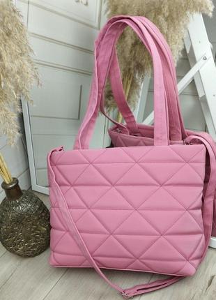 Шикарная большая женская сумка шоппер тканевая стеганая розовая2 фото
