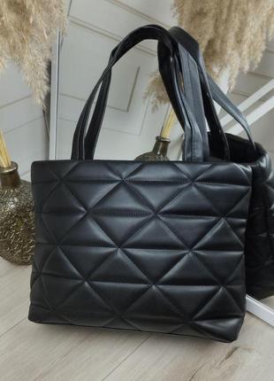 Шикарна велика жіноча сумка-шопер екошкіра стьобана чорна4 фото