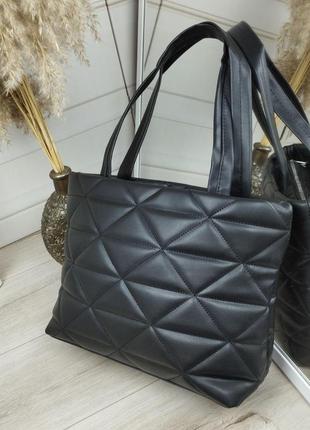Шикарна велика жіноча сумка-шопер екошкіра стьобана чорна6 фото