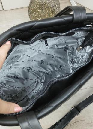 Шикарна велика жіноча сумка-шопер екошкіра стьобана чорна9 фото