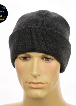 ● мужская зимняя вязаная шапка на флисе - темно-серый ●