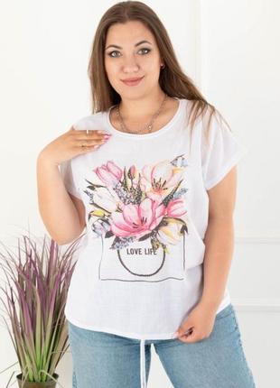Стильная розовая пудра футболка с рисунком цветами  оверсайз большой размер батал3 фото
