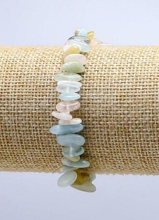 Браслет з каменю асорті рожевий кварц, цитрін, аквамарин на різьбі крихта d-10м l-18cм