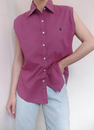 Хлопковая рубашка без рукавов брендовая рубашка ralph lauren рубашка клетка блуза топ хлопок блузка без рукавов8 фото