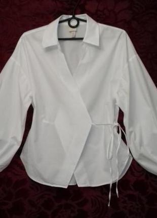 Белая блузка на запах с пышными рукавами / белоснежная рубашка с объёмными рукавами / біла блуза сорочка1 фото