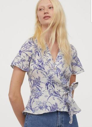 Льняная блуза белый топ лен блузка h&amp;m блуза цветочная льняная рубашка в цветы блузка с воланами блузка на запах блуза лен4 фото