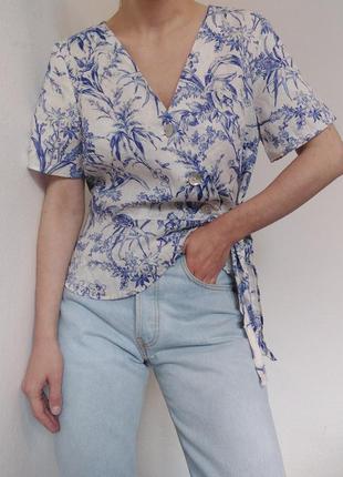 Льняная блуза белый топ лен блузка h&amp;m блуза цветочная льняная рубашка в цветы блузка с воланами блузка на запах блуза лен3 фото